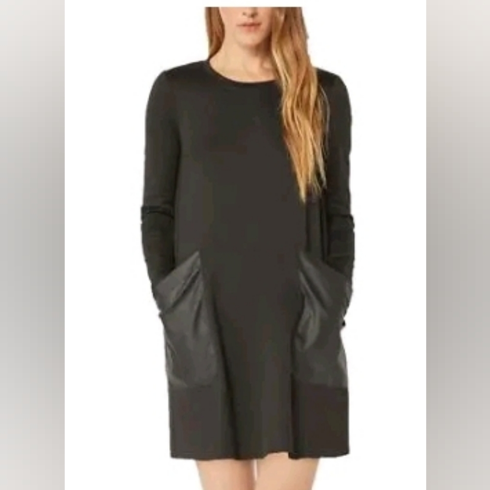 BCBGMAXAZRIA BLACK SWING DRESS WITH VEGAN LEATHER POCKETS SIZE S EUC